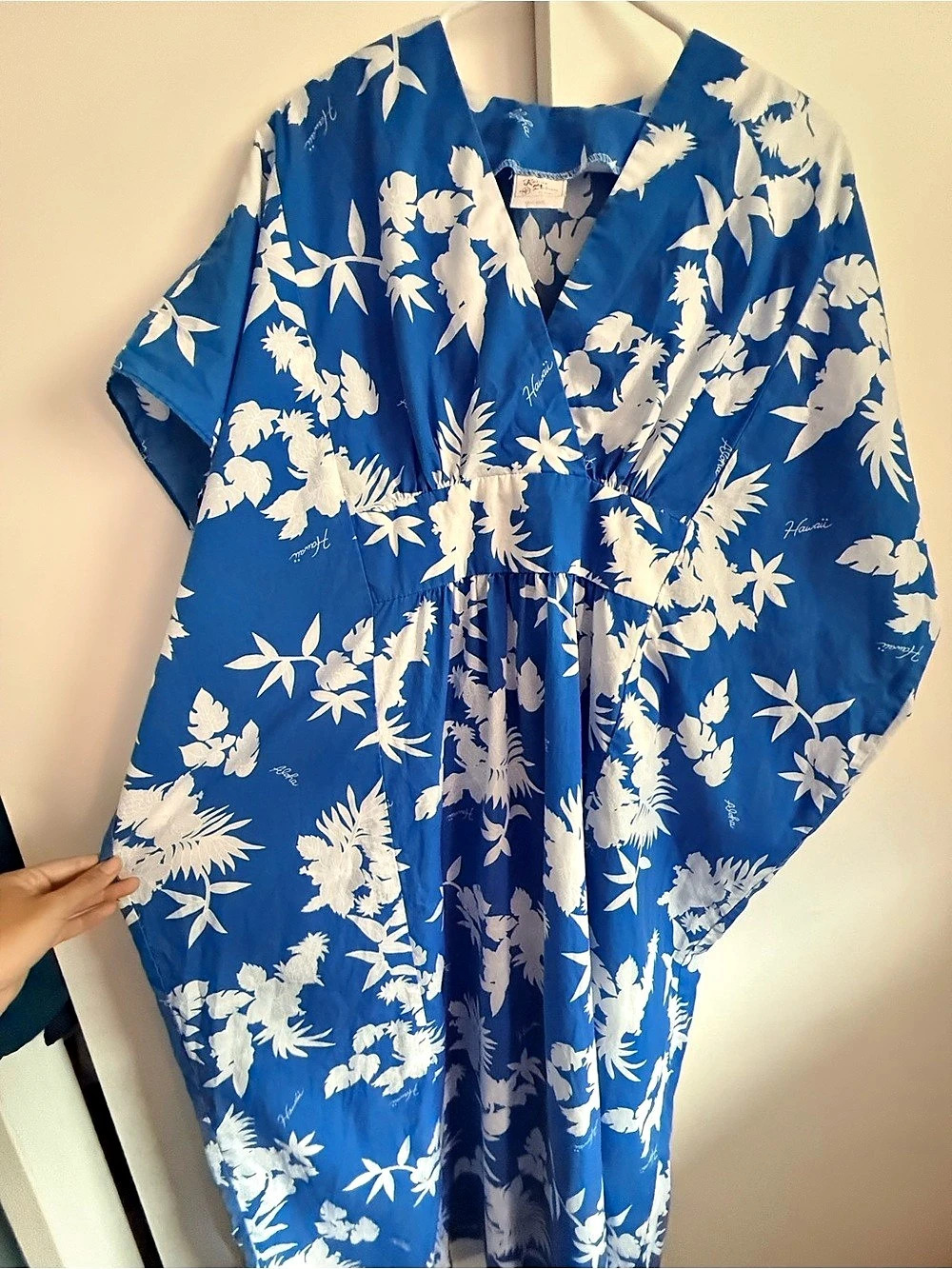 Kalena Fashions of Hawaii Floral Maxi Kaftan Dress in Blue & White- one size